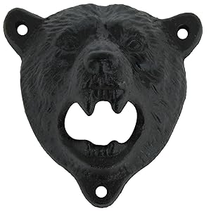Cast Iron Wall Mount Grizzly Bear Teeth Bite Bottle Opener (Black)