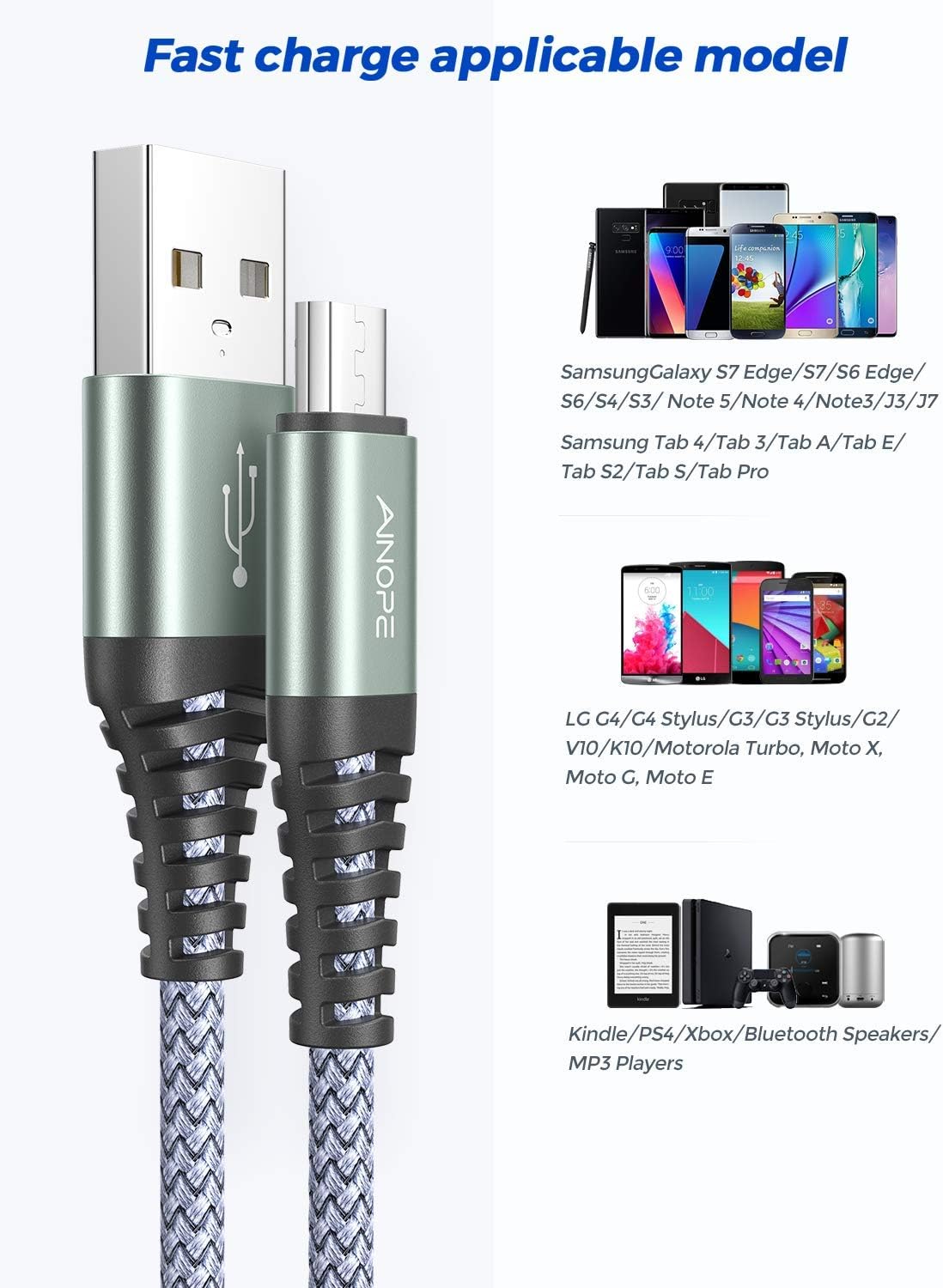 2 Pack 6.6FT Micro USB Cable Android Charger AINOPE Micro USB Cable, Android Charger Cord Compatible with Galaxy S6,J7 Edge Note 5 Durable Nylon Material (Grey)