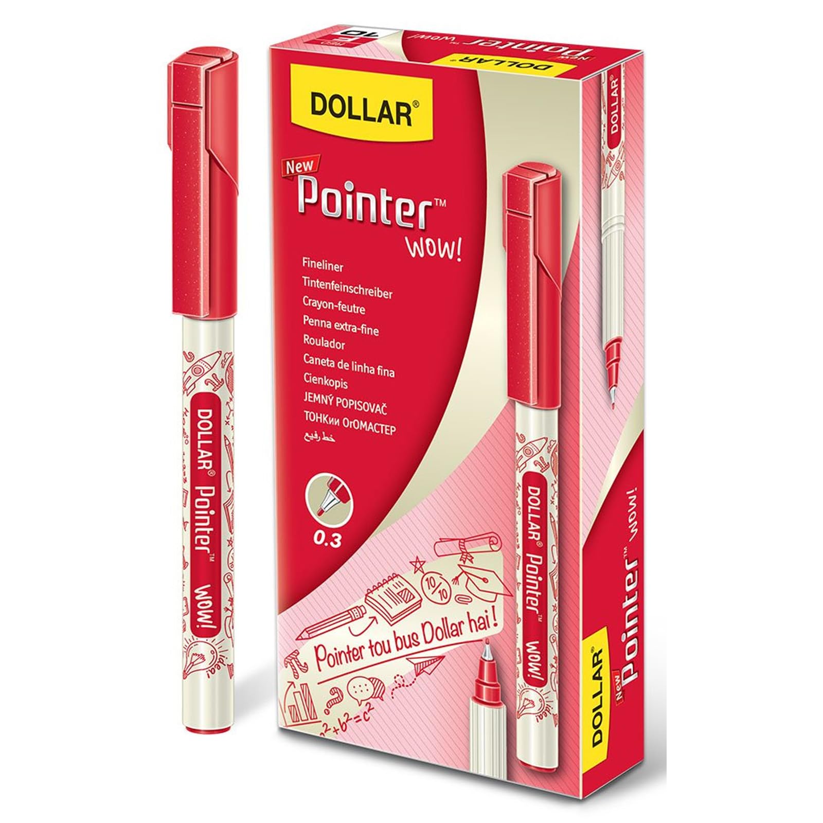 DOLLAR Wow Fineliner Pens, RED, Fine Tip (0.3mm), Pack of 10, Precise Fine Writing, Write Draw Sketch Colour Pens, Ideal for School Office Home Use