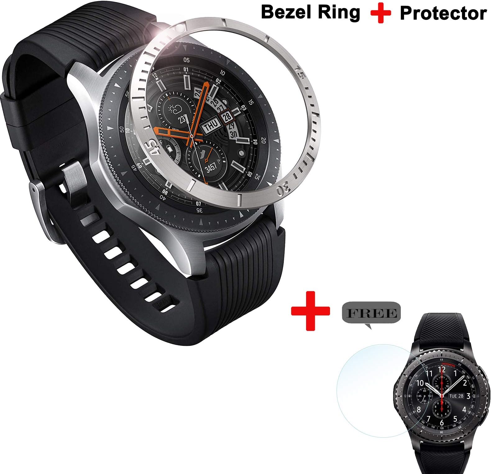 Five Star Online Bezel Cover Loop Stainless Steel Compatible with Galaxy Watch 46mm/Gear S3 Frontier & Classic with Tempered Glass Screen Protector for Galaxy Watch 46mm Accessory