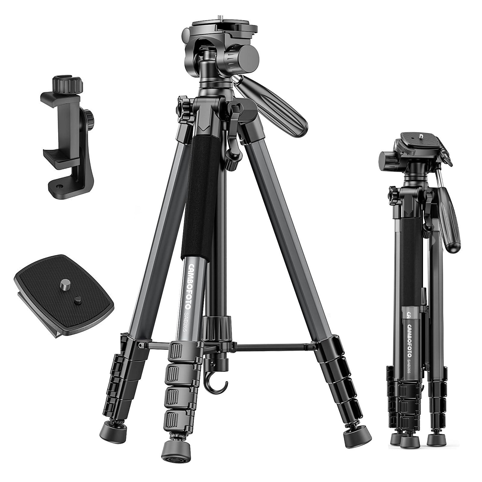 CAMBOFOTO 74" Camera Tripod, Lightweight Aluminum Tripod Stand for DSLR/Small Camera/Phone, Portable Travel Tripod with Pan Head, 1/4" Universal Quick Release Plate，Phone Holder & Carry Bag, Black — image 1