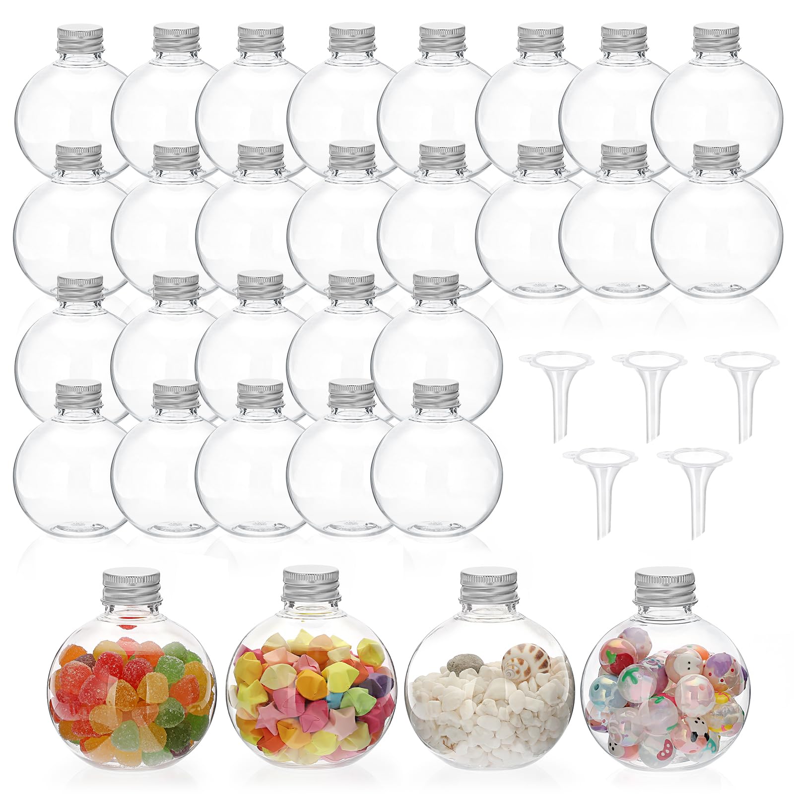 SUMTree 30 Packs 5 oz Ball Shape Plastic Sand Art Bottles with Caps, Clear Potion Bottles Containers with 5 Mini Funnels for DIY Craft, Essential Oil, Party Decorations (Silver Aluminum Cap)