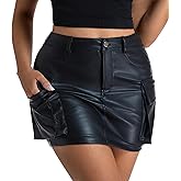 Zebaexf Women Sexy Leather Legging Shorts High Waist Faux Leg Stretchy Shorts with Pocket Bodycon PU Leather Skort