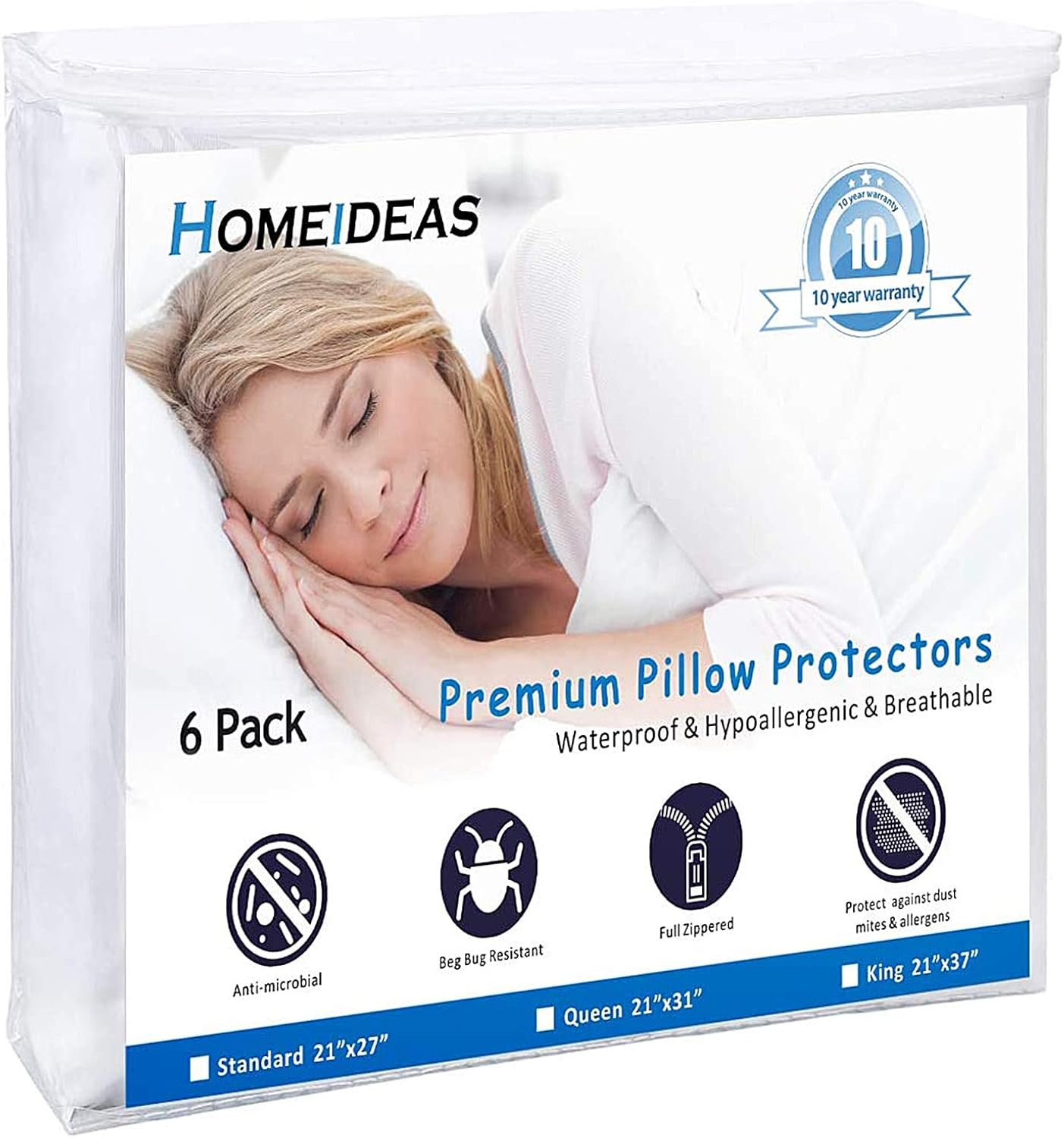 HOMEIDEAS 6-Pack Waterproof Pillow Protectors Zippered Queen Size - Pillow Encasement with Soft Polyester Fabric: Home & Kitchen