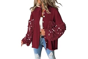 CHICME BEST SHOPPING DEALS Womens Jacket Sequin Patchwork Long Sleeve Jacket Top Button Front Oversized Denim Shacket