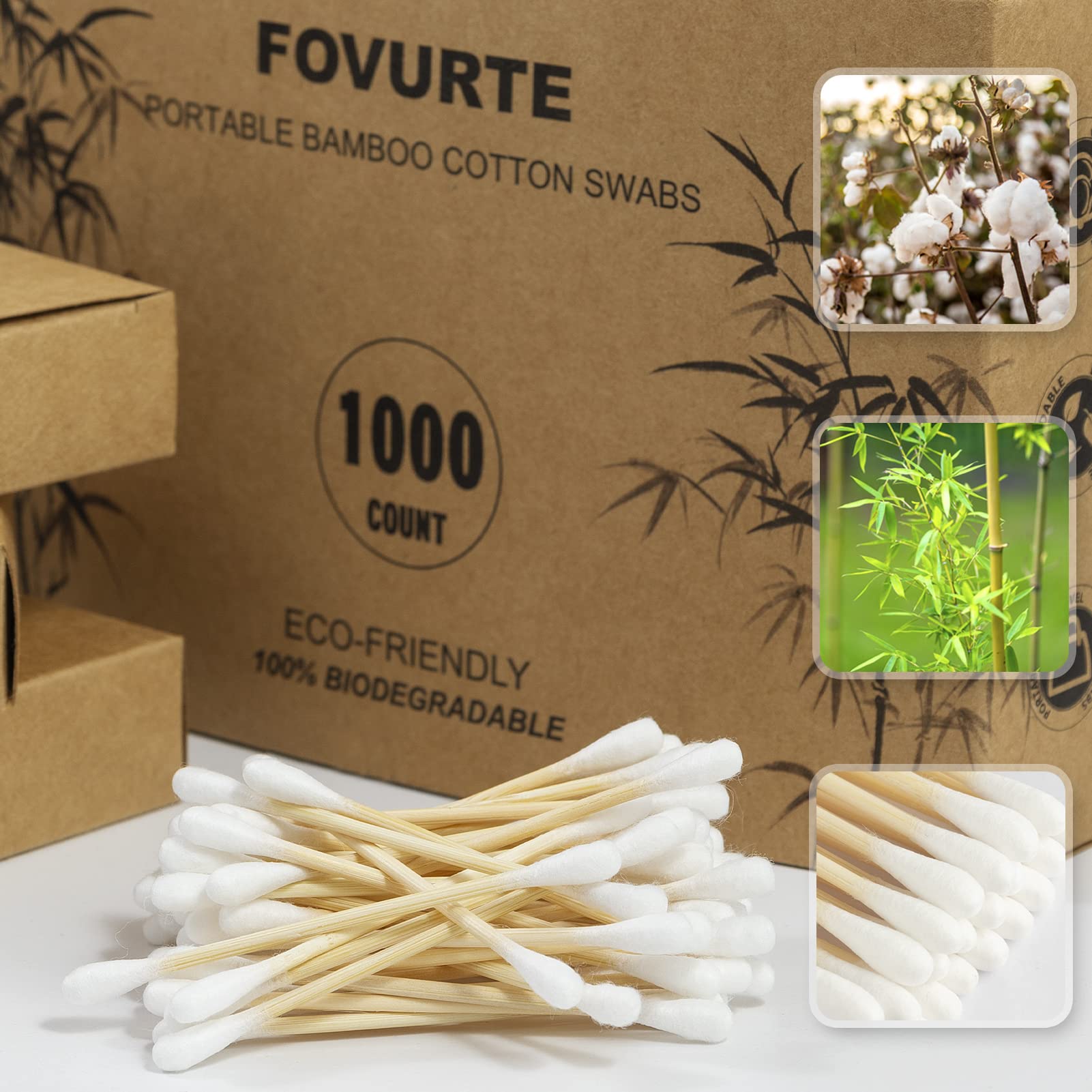 FOVURTE Bamboo Cotton Swabs 1000 Count - Natural Cotton Swab with Round Head Tips, Double Tipped Ear Sticks, Wooden Cotton Buds for Cleaning Travel Makeup