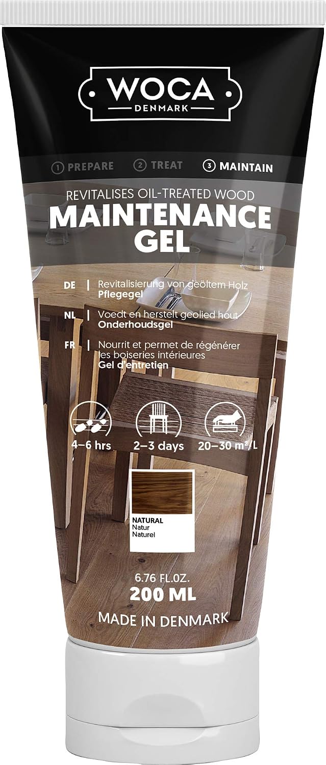 WOCA Maintenance Gel refreshing and regenerates all wood surfaces suitable for repairing of wear marks from animals chairs and toys or high traffic areas as kitchen or stairs