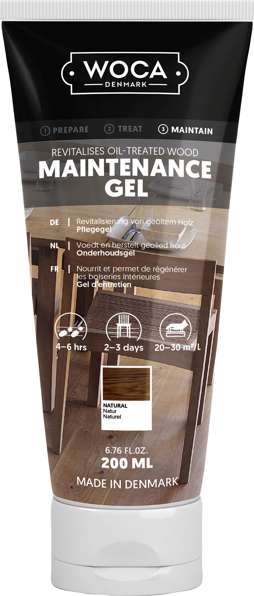 WOCA Maintenance Gel refreshing and regenerates all wood surfaces suitable for repairing of wear marks from animals, chairs and toys or high traffic areas as kitchen or stairs