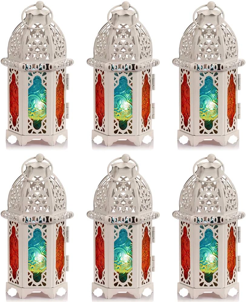 NUPTIO 6 Pcs Moroccan Style Candle Lantern - Small Sized Tealight Candle Holder with Coloful Glass Panels Great for Patio, Indoors/Outdoors, Events, Parties and Weddings, White