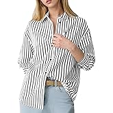 Flygo Womens Button Down Striped Shirt Casual Collared Cotton Oversized Long Sleeve Work Blouse Tops
