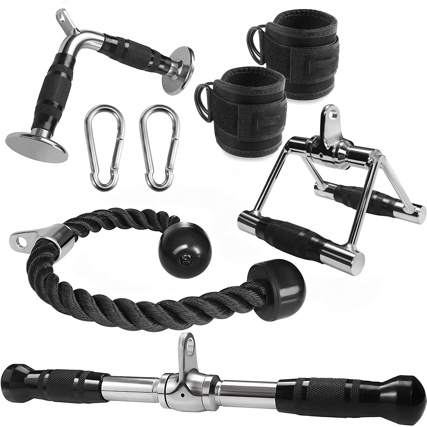 Photo 1 of WNOEY Cable Machine Attachment, LAT Pulldown Attachments, Home Gym Accessories, Triceps Pull Down Attachment (V Handle + Row Handle + Rotating Bar + Tricep Rope + Ankle Straps)