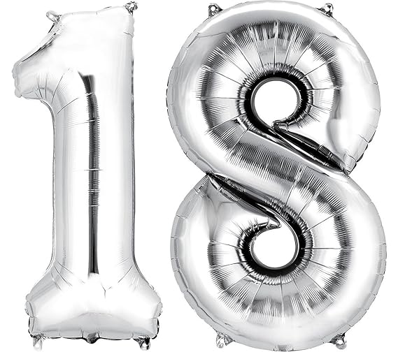 Premium silbriger Ballon Zahl 18 XXL, ca. 90 cm gross, 18 Geburtstag, Party Dekoration, Luftballon, Folienballon, Happy Birth