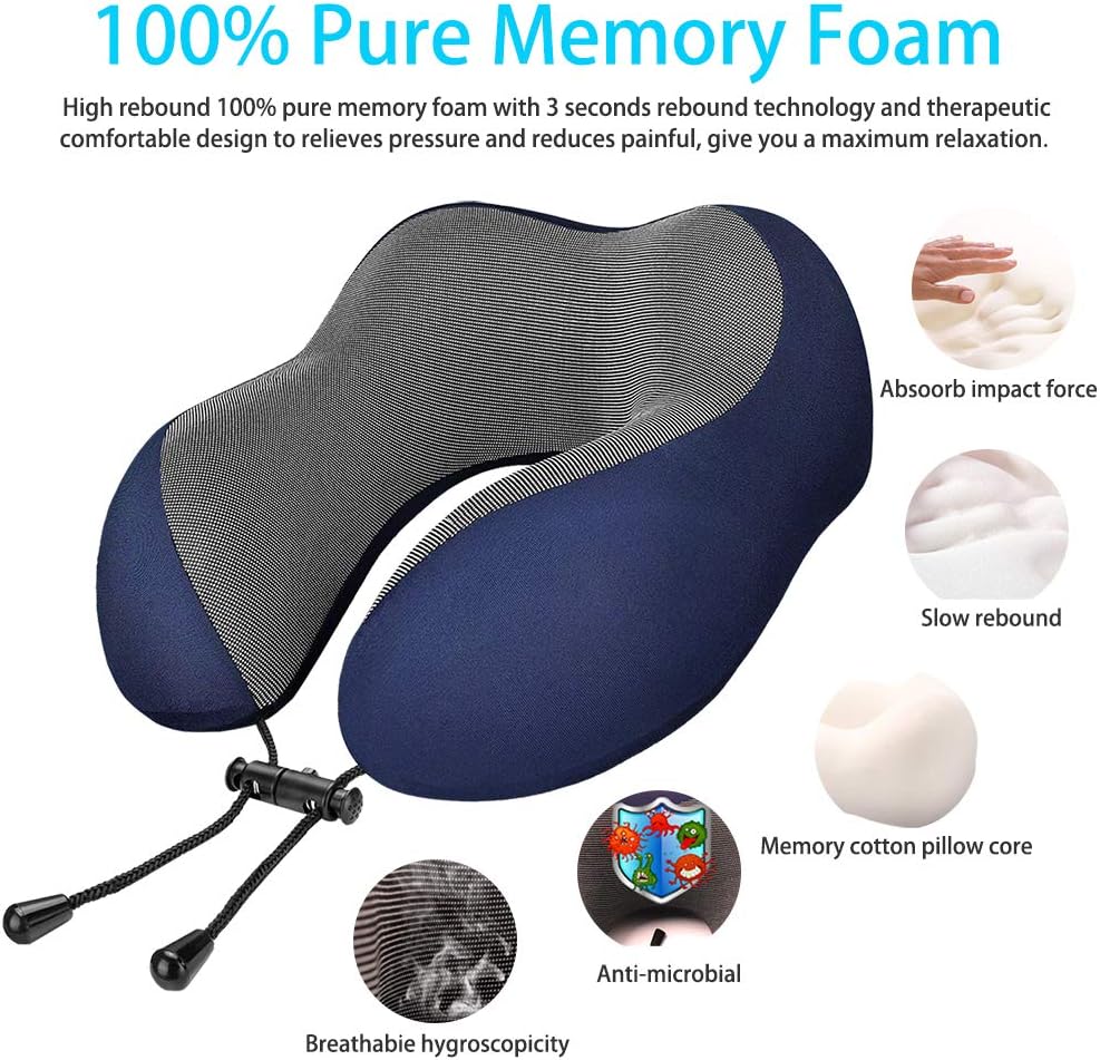 Travel Pillow 100% Pure Memory Foam Neck Pillow,Comfortable&Breathable Cover,Machine Washable,360° Neck&Head Support Pillow Travel Kits with 3D Sleep Mask/Earplugs/Luxury Bag,Great for Airplane/Travel: Kitchen & Dining
