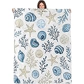 WKEDIN Nautical Coastal Blanket,50x60in,Cozy Flannel Throw with Seashell Coral Blue and Beige Beach Design,Soft Lightweight Gifts Blankets for Adults,Sofa Bed Travel Living Room Decor