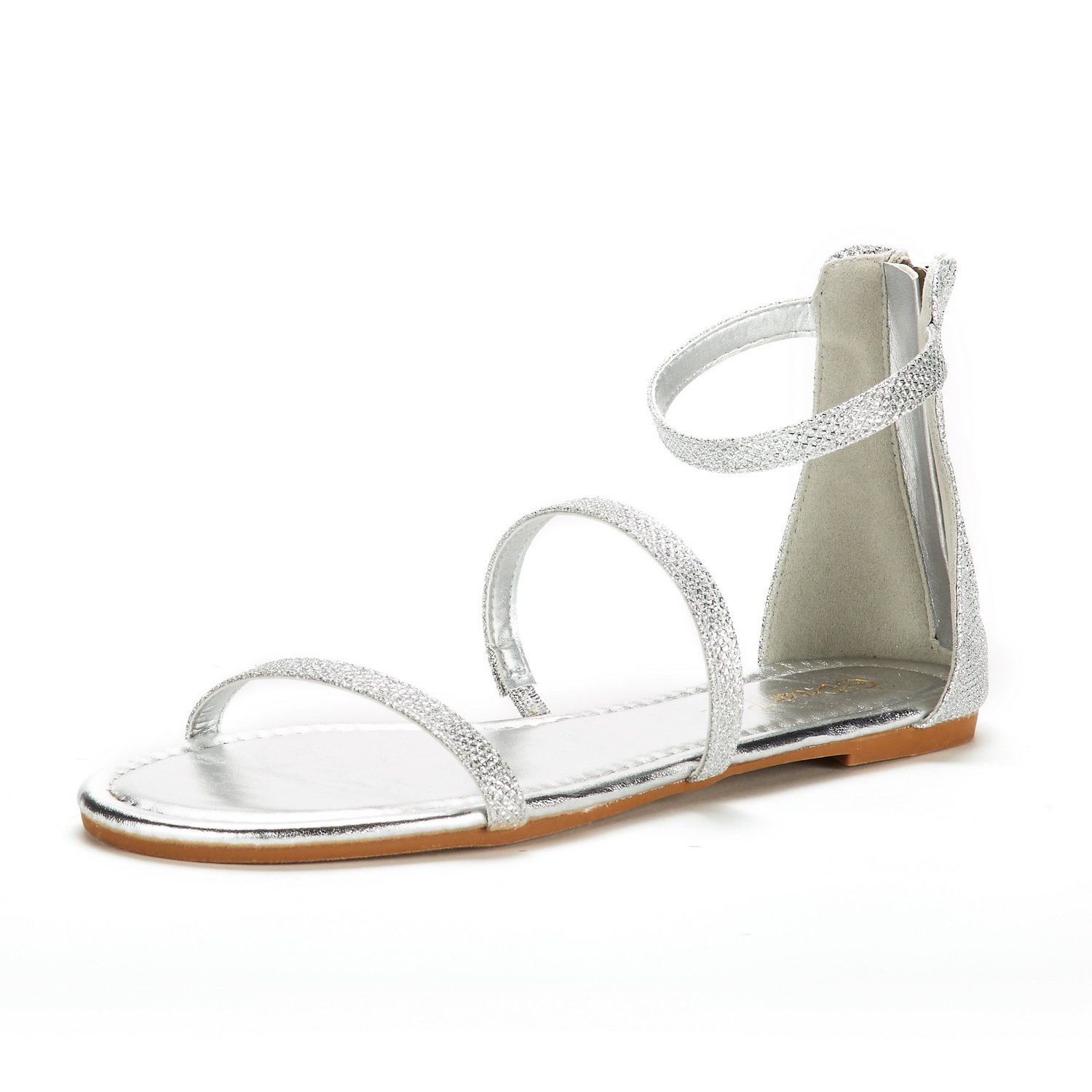 DREAM PAIRS Women's Athena_Low Silver Glitter Fashion Gladiator Design Ankle Strap Flat Sandals Size 10 M US