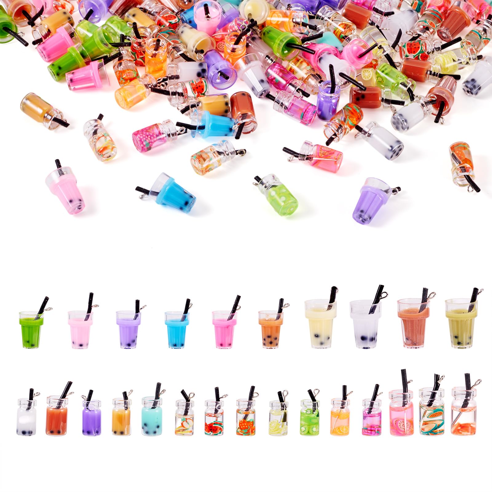 Craftdady 100pcs Mini Resin Bubble Milk Tea Bottle Charms Beads Figurine Fruit Tea Necklace Earring Dangle Pendants for DIY Crafts Hanging Keychain Bag Decoration