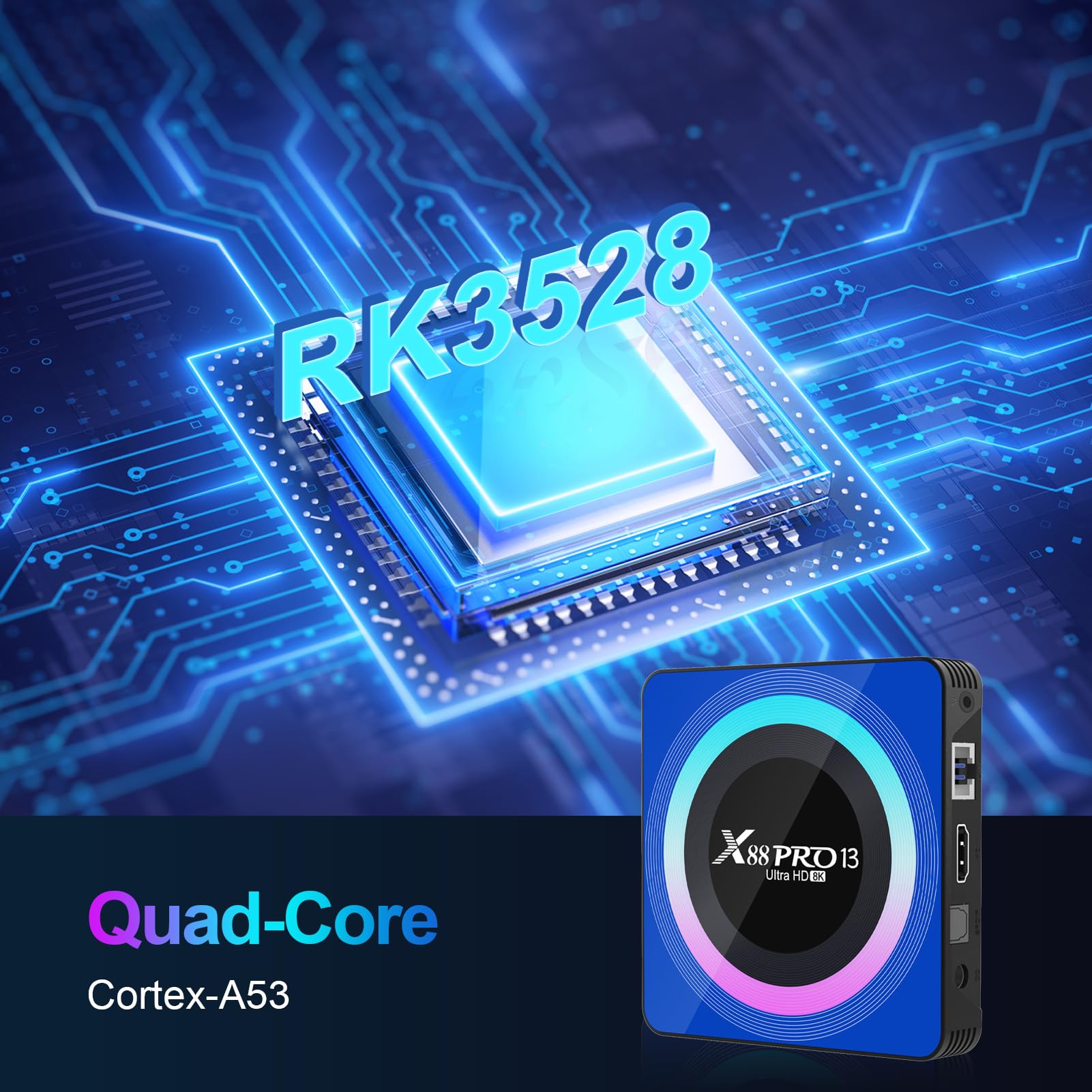 Android 13.0 TV Box, 6K 8K Android Box with 4GB RAM 32GB ROM RK3528 Quad-Core Support WiFi6 2.4Ghz/5.0Ghz HDR10 BT 5.0 H.265 USB 2.0 3.0 3D Ethernet with Mini Backlit Keyboard