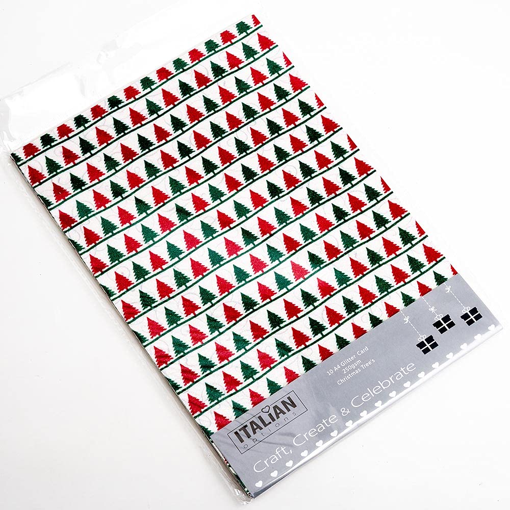 Italian Options Non-Shed Glitter Cardstock Paper, Sturdy Glitter Card for Electronic Die-Cutter Machines, Christmas Crafts and Card Making Supplies, 10 Coloured Sheets, A4, 250gsm, Christmas Tree's