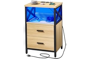 HDDDZSW LED Nightstand with Charging Station, Side Table with USB Ports and Outlets, End Table for Small Spaces, Log Colour Bedside Tables with Fabric-Wood 2-in-1 Drawer for Bedroom, Living Room