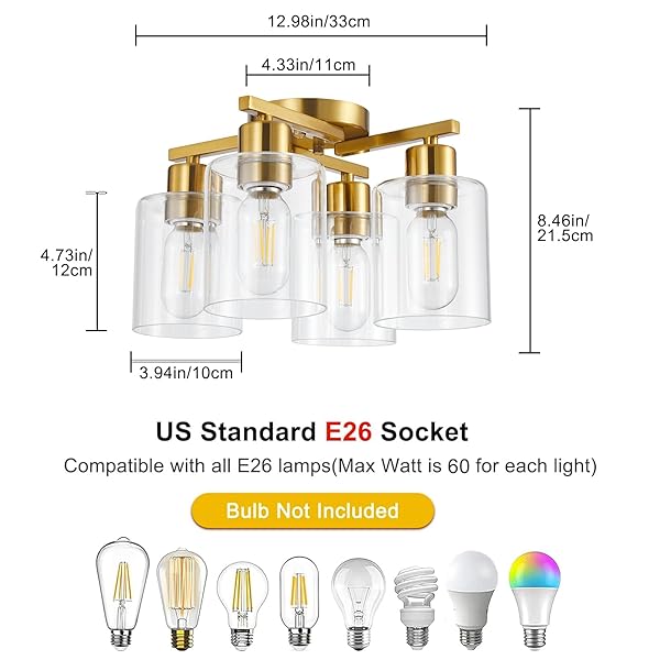 DIDUIO 4 LIGHT SEMI FLUSH MOUNT CEILING LIGHT BRUSHED GOLD KITCHEN LIGHTING FIXTURES CEILING BRASS HALLWAY CIELING LIGHTS FIXTURE WITH CLEAR GLASS SHADE FOR BEDROOM DINING ROOM