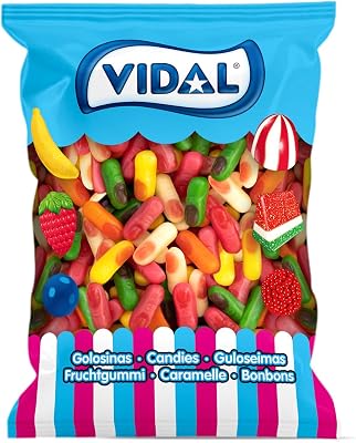 Doces. Mini dedos com sabor a framboesa. Cores variadas: branco, amarelo, laranja, verde e rosa. Saco de 1 kg.