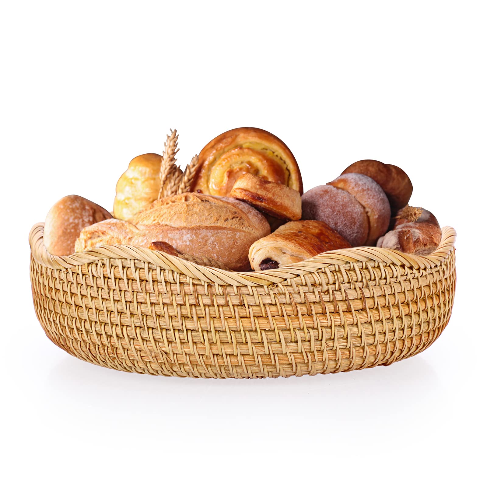 IGNPION Rattan Woven Fruit Basket - Round 23.5cm Bread Serving Basket - Snack & Egg Storage - Decorative Display - Desktop & Countertop