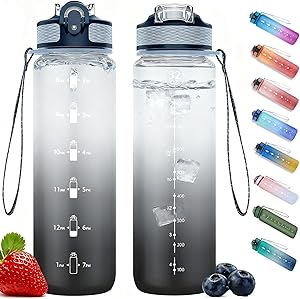 NAVTUE Trinkflasche, 1L Sport-Wasserflasche mit Strohhalm, Zeitmarkierungen, auslaufsicher, BPA-freiTritan, Wasserflasche für Schule Radfahren Laufen (1 Flasche)