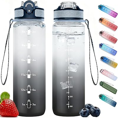 NAVTUE Trinkflasche, 1L Sport-Wasserflasche mit Strohhalm, Zeitmarkierungen, auslaufsicher, BPA-freiTritan, Wasserflasche für Schule Radfahren Laufen (1 Flasche)