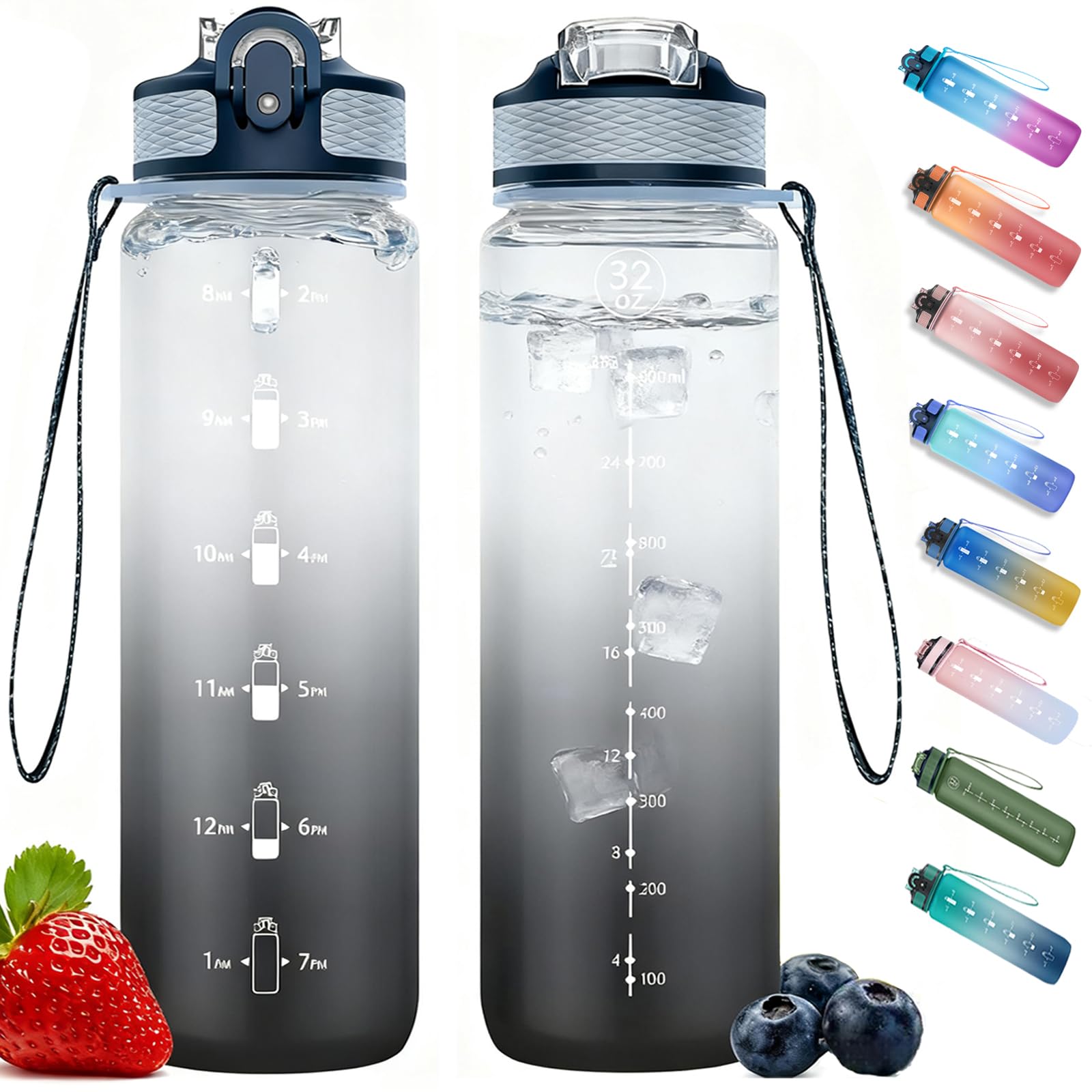 NAVTUE Water Bottle, 1L Sports Water Bottle with Straw, Time Markings, Tritan BPA free, Leakproof Drinks Bottle for School, Cycling, Running (1 Bottle)