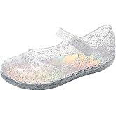 OMGard Princess Dress Sandals Jelly Shoes for Toddler Girls Size 8, Blue Bird Nest Layered Lines Mary Jane Flats Childrens Clear Glitter with Hollow-Carved