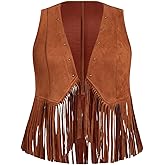 BEAUDRM Women's Plus Size Fringe Suede Vest Studded 70s Hippie Faux Western Jacket Cowgirl Cardigan Outerwear