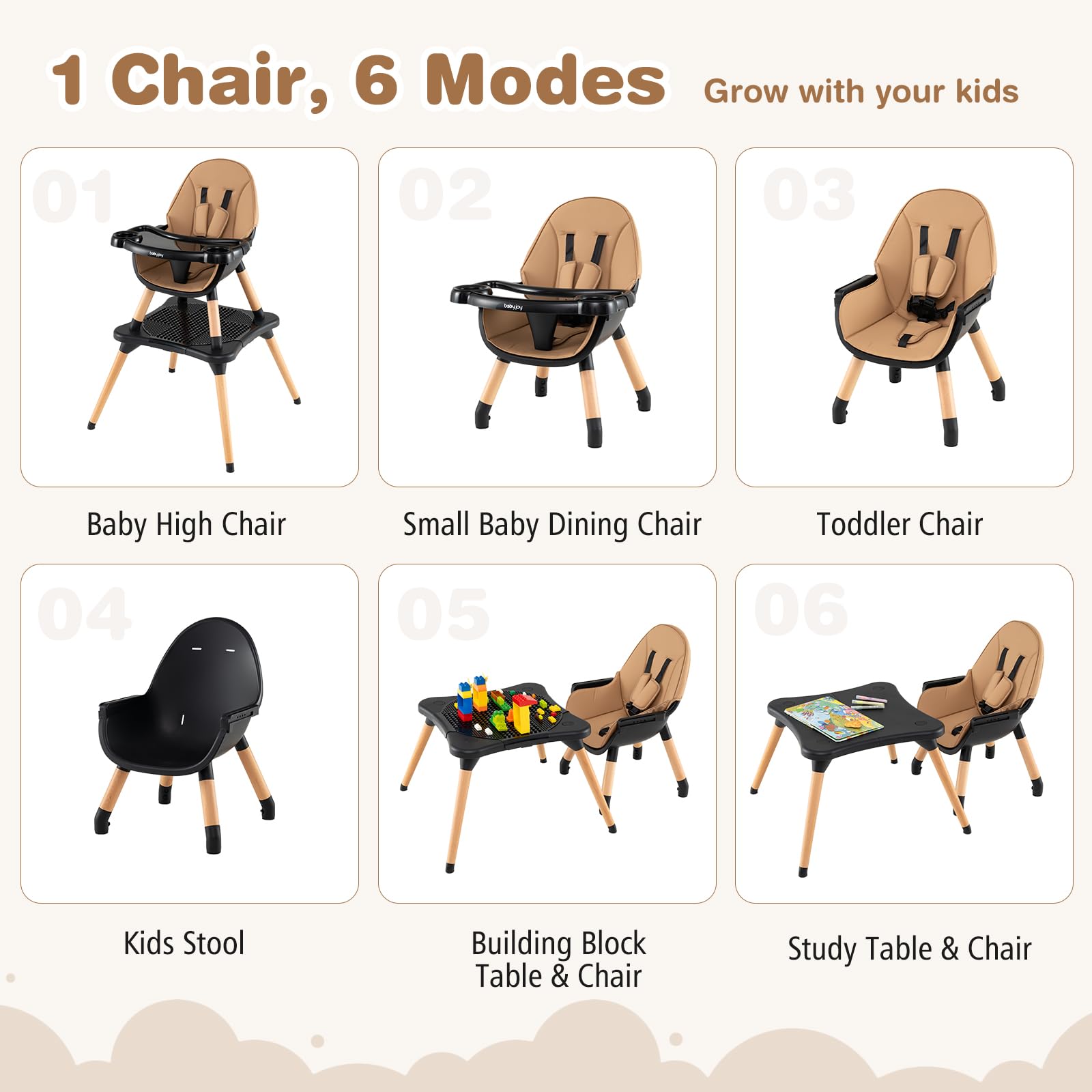 BABY JOY 6 in 1 High Chair, Convertible High Chairs for Babies and Toddlers/Booster Seat/Table and Chair Set, Infant Wooden Highchair w/ 5-Point Harness, 4-Position Removable Tray & PU Cushion, Coffee