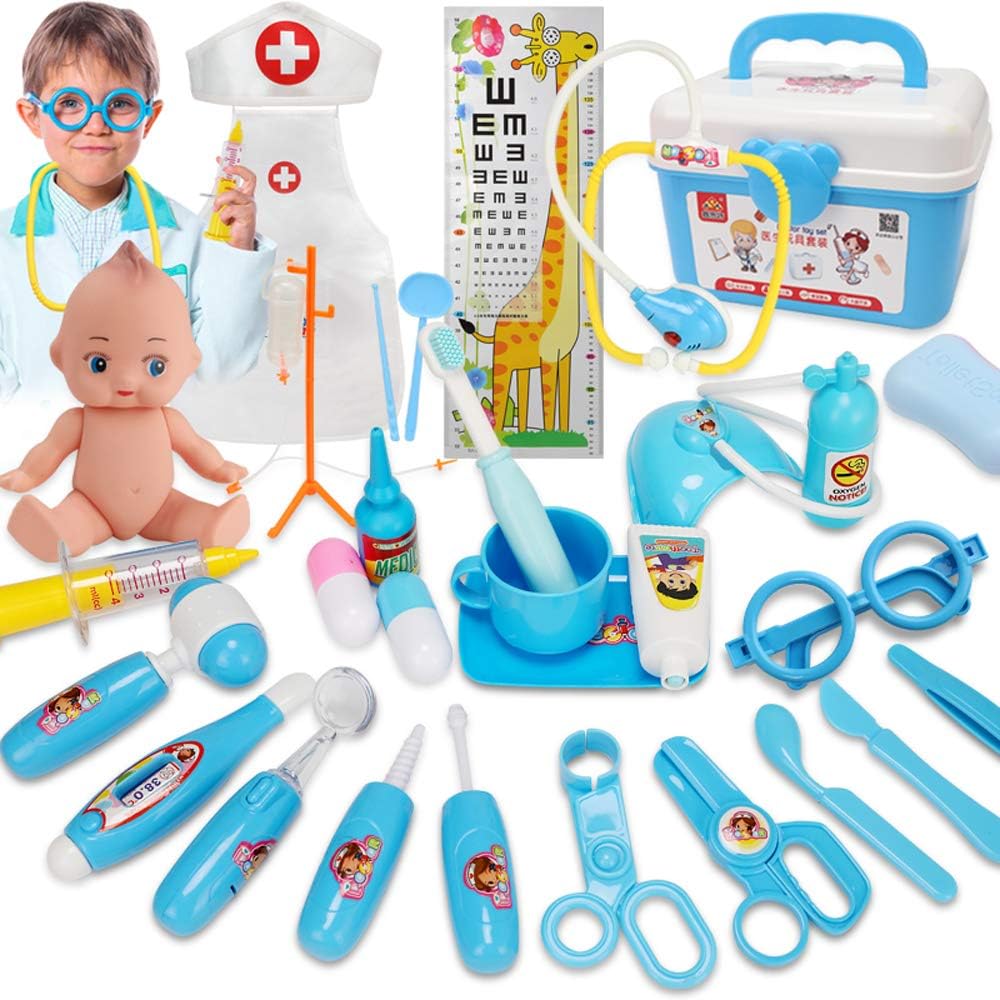 Doctor Play Set with Nurse Clothing, Visual Height Table ,Doll and 31 Pieces of Doctor Pretend Tools - Realistic, Safe & Fun Doctor Kit Pretend Play Boys Toys