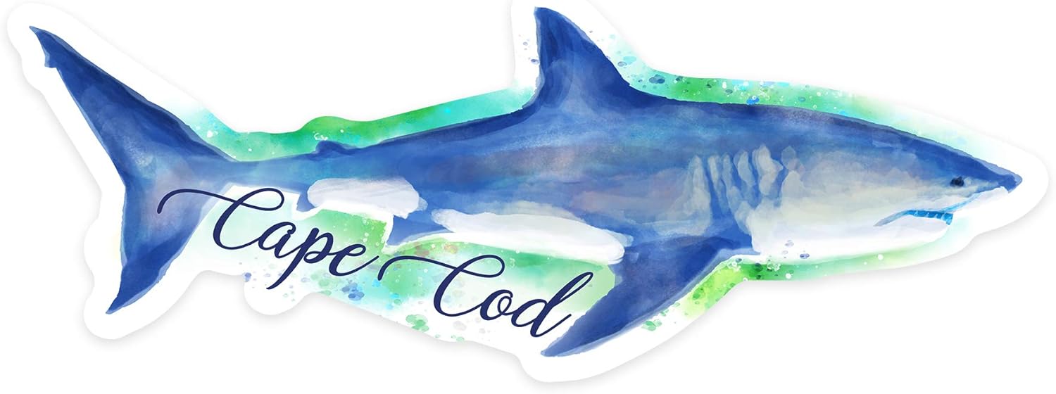 Lantern Press Cape Cod, Massachusetts - Great White Shark - Watercolor - Contour 99108 (Vinyl Die-Cut Sticker, Indoor/Outdoor, Large)
