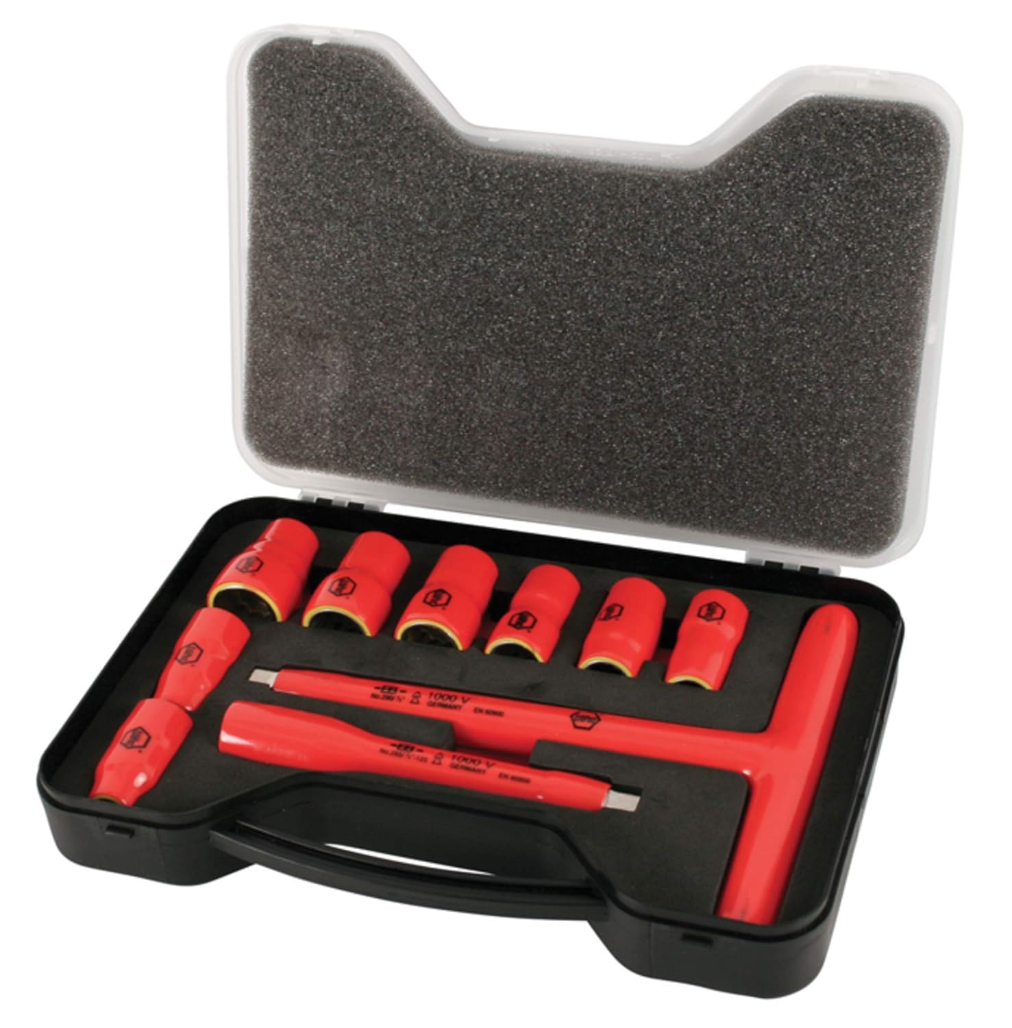 Amazon Com Wiha 31496 T Handle Socket Set Insulated 3 8 Inch Inch Sizes 5 16 3 8 7 16 1 2 9 16 5 8 11 16 3 4 Inch Sockets And 5 Inch Extension Bar And T Handle Industrial Scientific