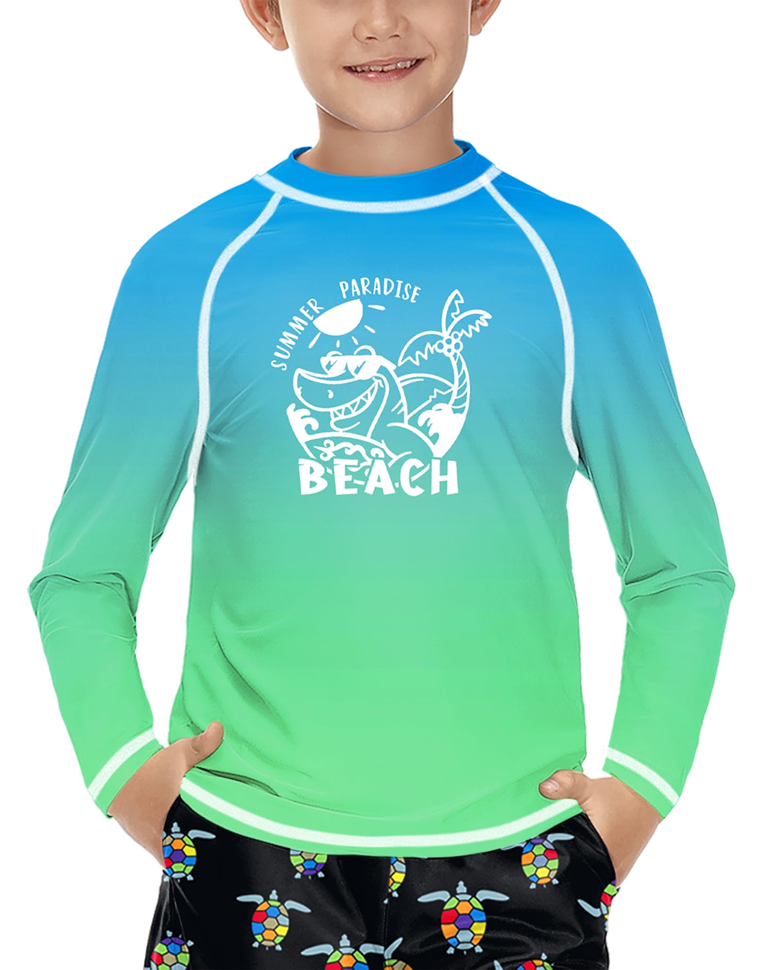 Jungen Sonnenschutz Langarm UV Shirt UPF 50+ Schnelltrocknend Rundhals Rashguard Beach-Grün 120