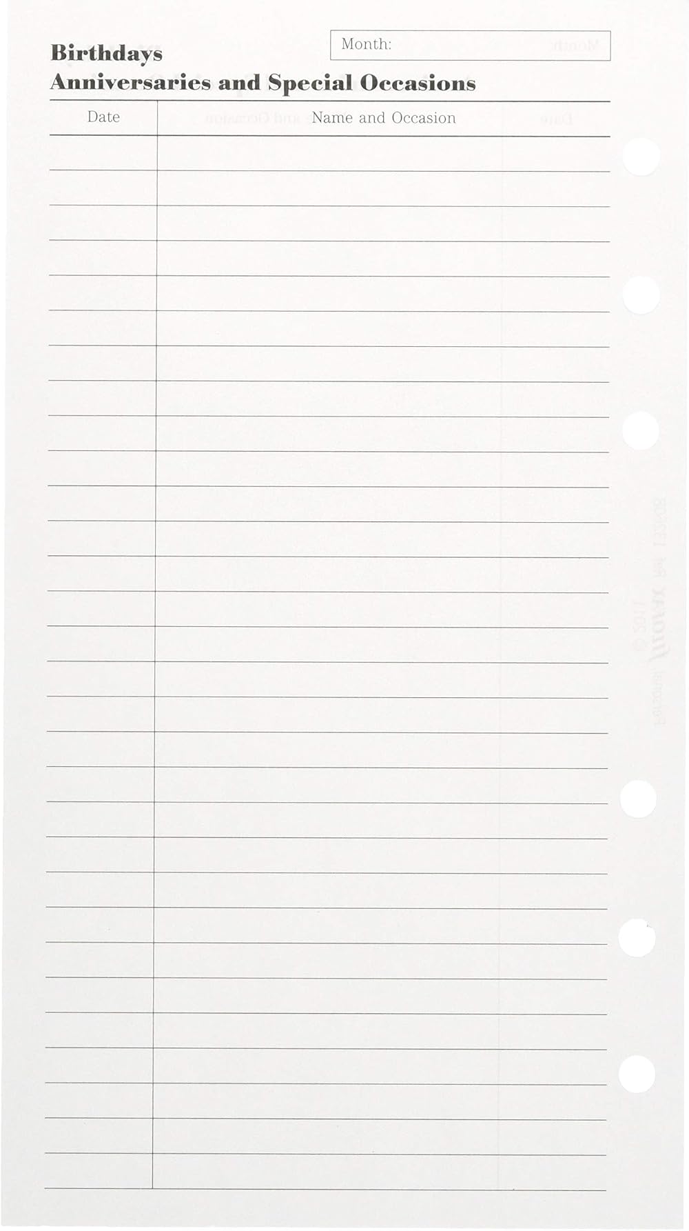 Filofax Personal Birthdays Anniversaries Special Occasions Refill 95x171mm 6