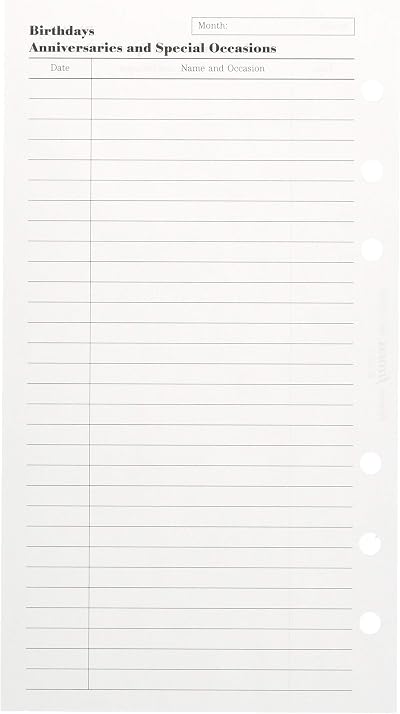Filofax Personal Birthdays Anniversaries Special Occasions Refill 95x171mm 6