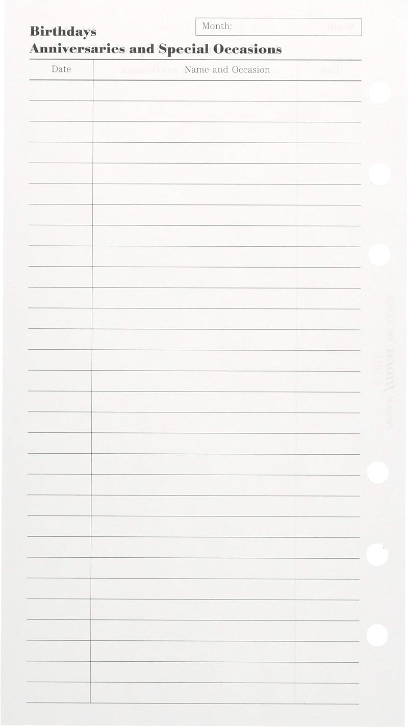 Filofax Personal Birthdays Anniversaries Special Occasions Refill 95x171mm 6