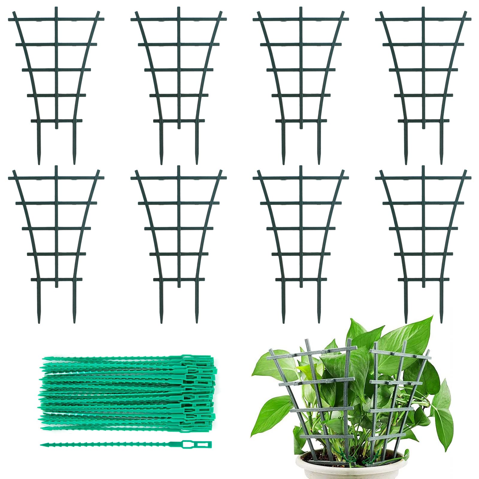 Bigxin 8PCS Climbing Plants Support with 50PCS Gardening Cable Ties, Mini Climbing Trellis Green Plant Support Trellis Adjustable Garden Plant Ties for Climbing Plants and Vine