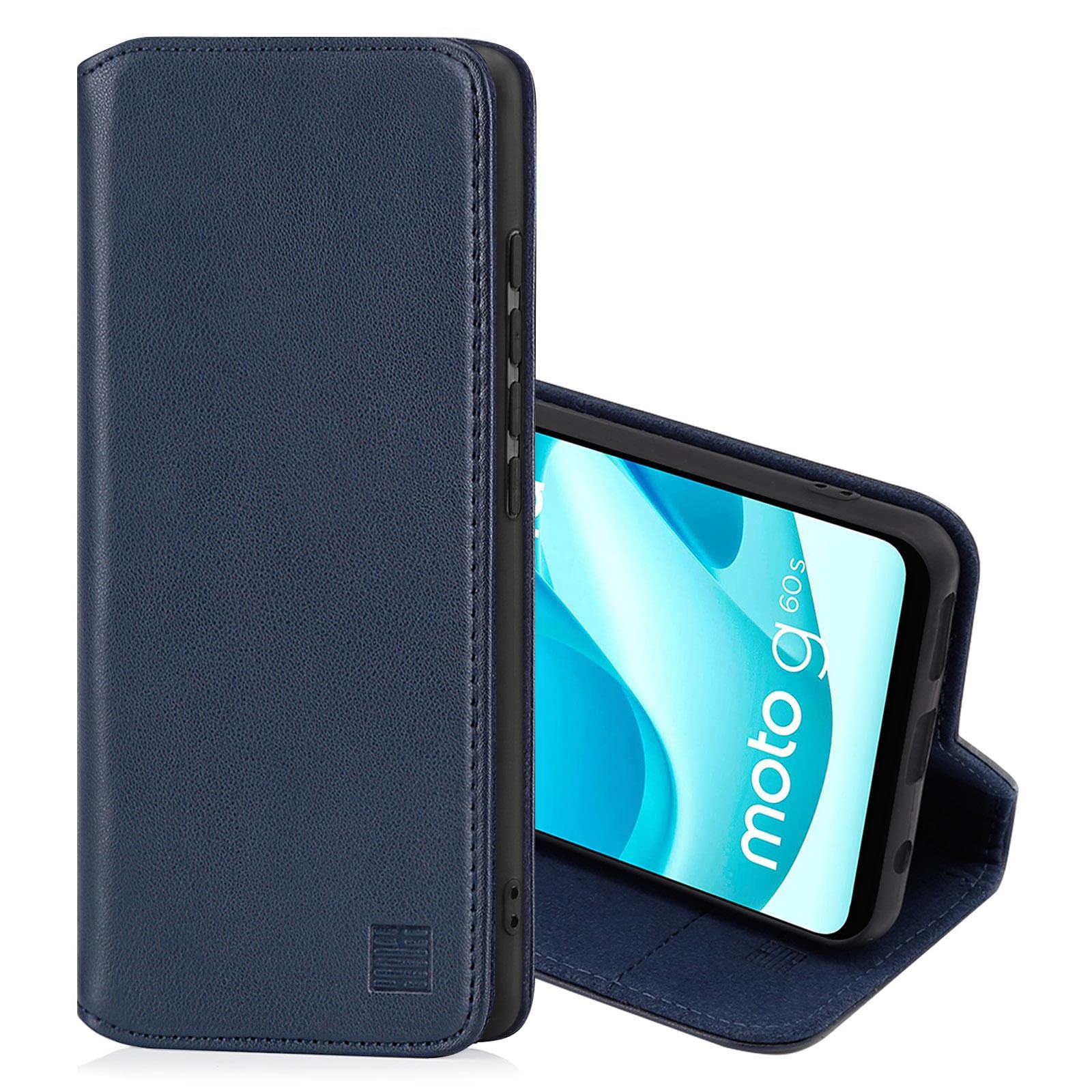 32nd Classic Series 2.0 - Real Leather Book Wallet Flip Case Cover For Motorola Moto G60S, Real Leather Design With Card Slot, Magnetic Closure and Built In Stand - Navy Blue