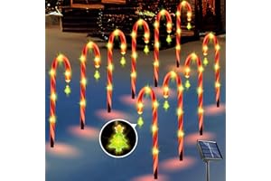 ALIGHTER 10Pack Christmas Decorations Outdoor Solar Candy Cane Lights Pathway Markers Lights with Christmas Tree for Walkway Driveway Lawn Yard Garden Home Indoor Decor 2-in-1 Rechargeable Solar Power