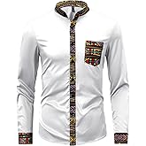 ZAFUL Men's African Shirt Hipster Tribal Graphic Patchwork Slim Fit Tee Long Sleeve Button Down Mandarin Collar Shirts