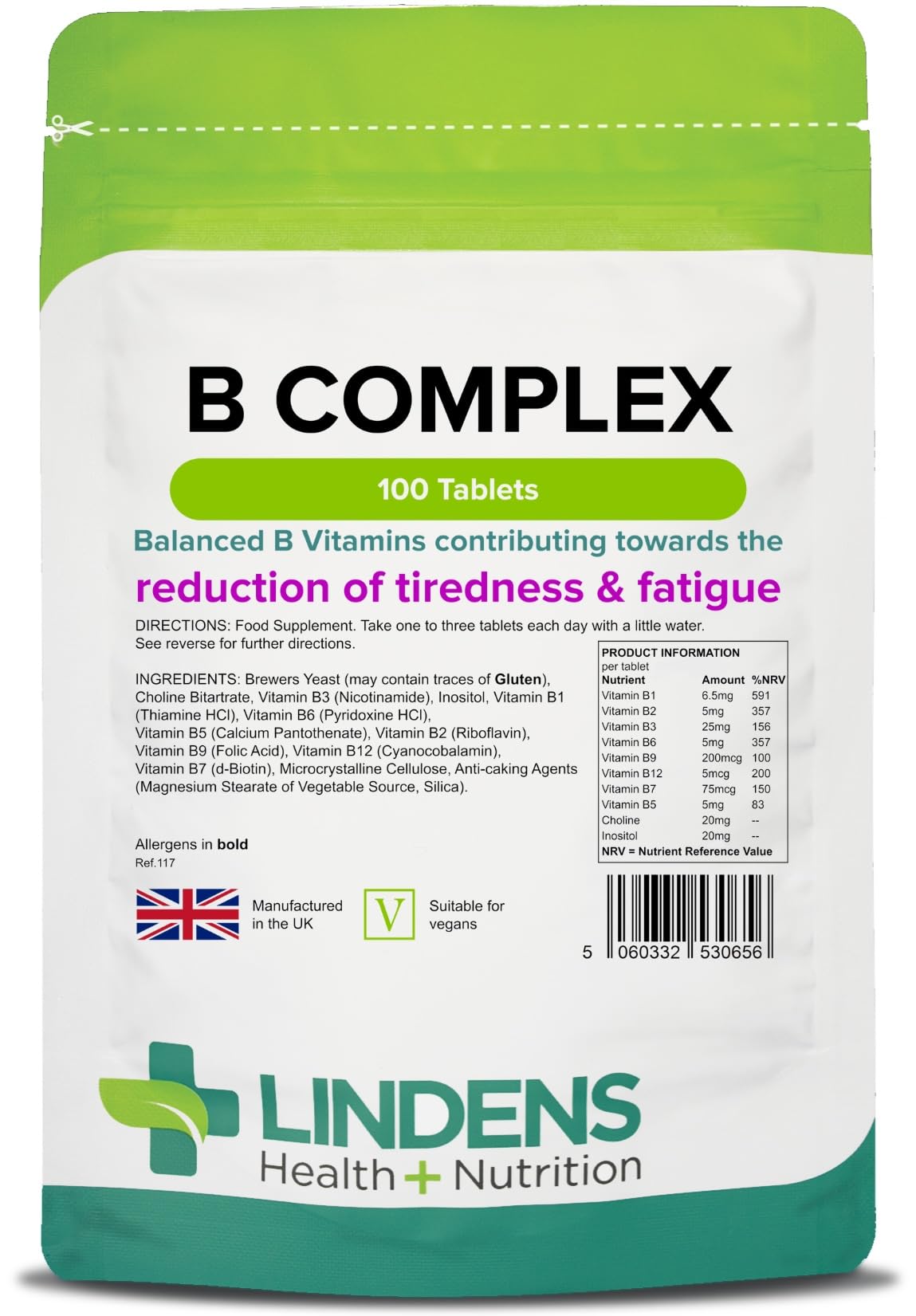 Lindens Vitamin B Complex, 100 Tablets - with 8 B Vitamins, B1,B2,B3,B5,B6,B7,B9,B12 - Reduce of Tiredness & Fatigue, Immune Support - UK Made, Vegan, GMP & Letterbox Friendly