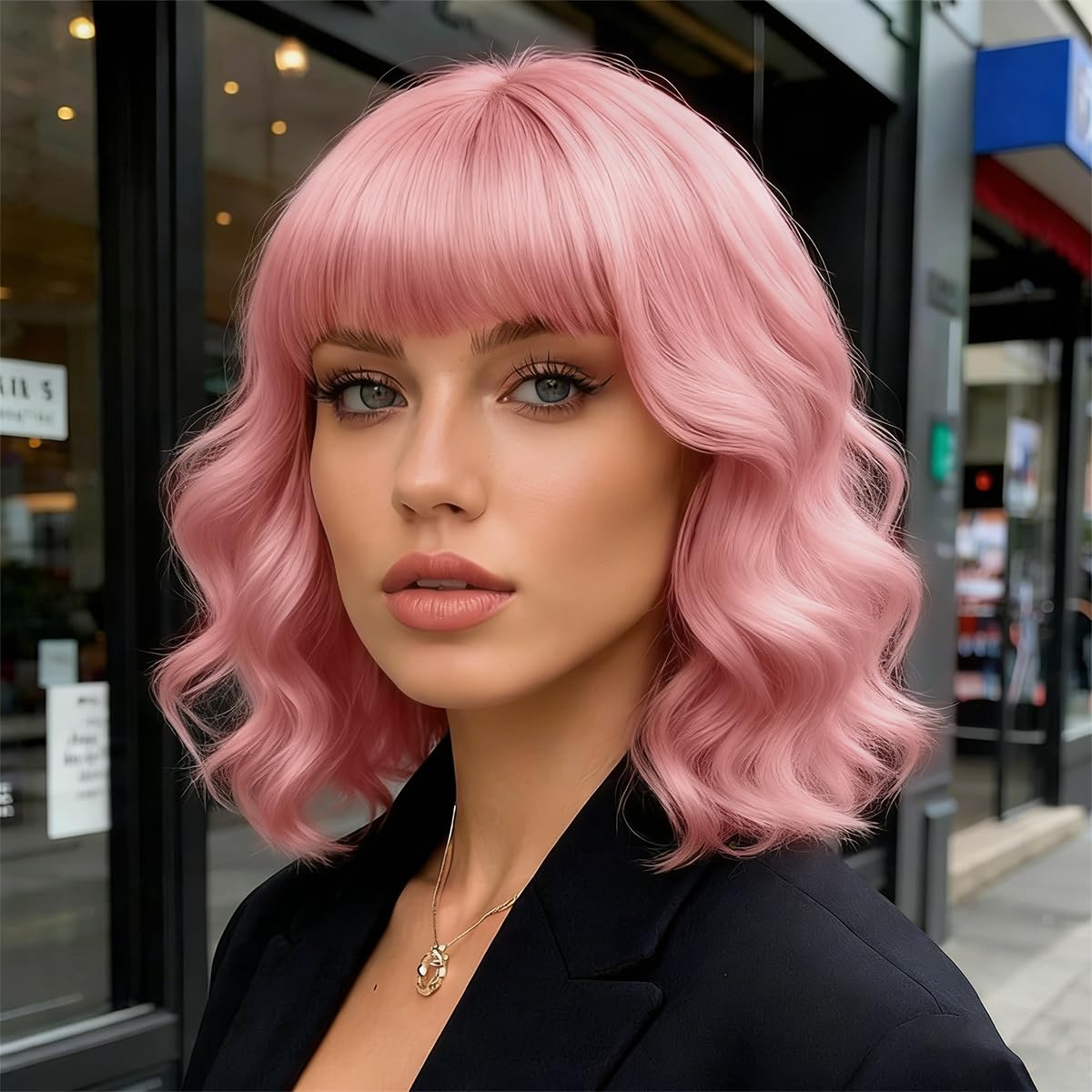 Yamel Wavy Bob Wig with Bangs Natural Pink Wig Synthetic Hair Shoulder Length Short Curly Wigs for Women — image 1