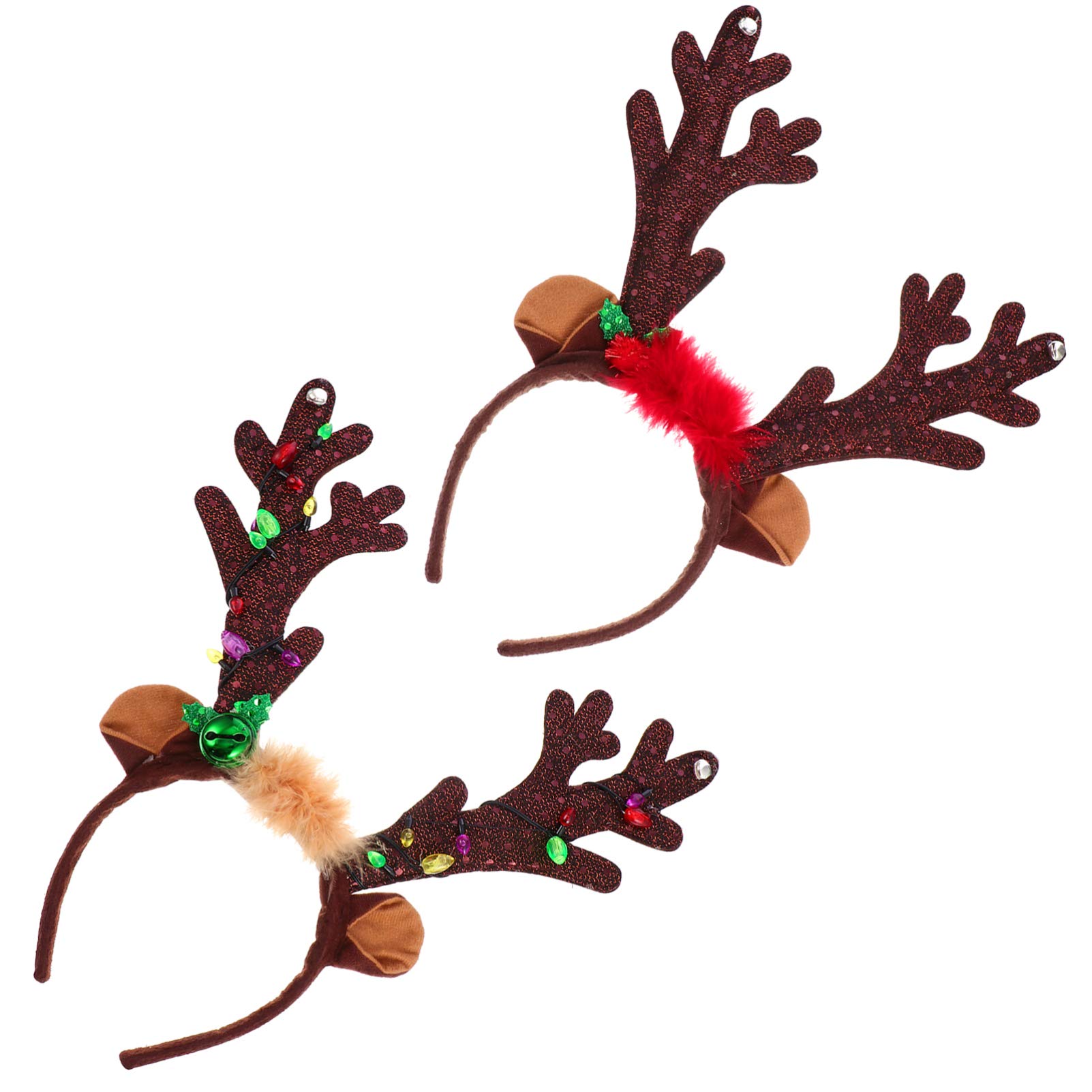 FRCOLOR 2Pcs Reindeer Headband Flashing Luminous Elk Deer Horn Antler Ear Bell Hairband Headdress Holiday Costume Headpiece for Children Adults