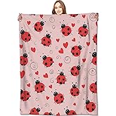 VODRM Red Ladybug Love Blanket Hearts and Swirls Pink Throw Blankets,Gifts for Kids Woman Girls,Lightweight Soft Fleece,Cute and Whimsical Art,for Sofa Couch Bed Room Modern Holiday Decor 50x60in