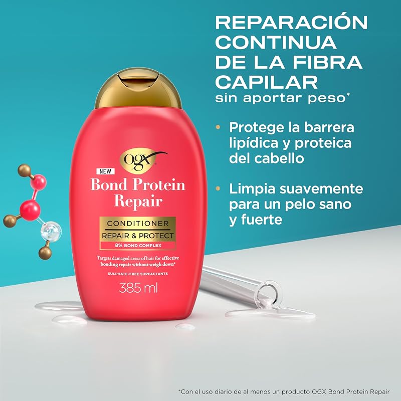 Bond Protein Repair Rutina con Champú OGX (385ml), Acondicionador (385ml) y Sérum Pelo(50ml), Tratamiento Hidratante Cabello para Pelo Seco y Dañado, Refuerza la Fibra Capilar, Sin Sulfatos