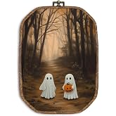 ZIKZAUDOU Vintage Halloween Ghost Octagon Wall Art Framed, Gothic Spooky Ghost Pumpkin Canvas Prints Wall Decor, Dark Academia Fall Forest Hanging Decor for Living Room Bathroom, 10.2x7 Inches