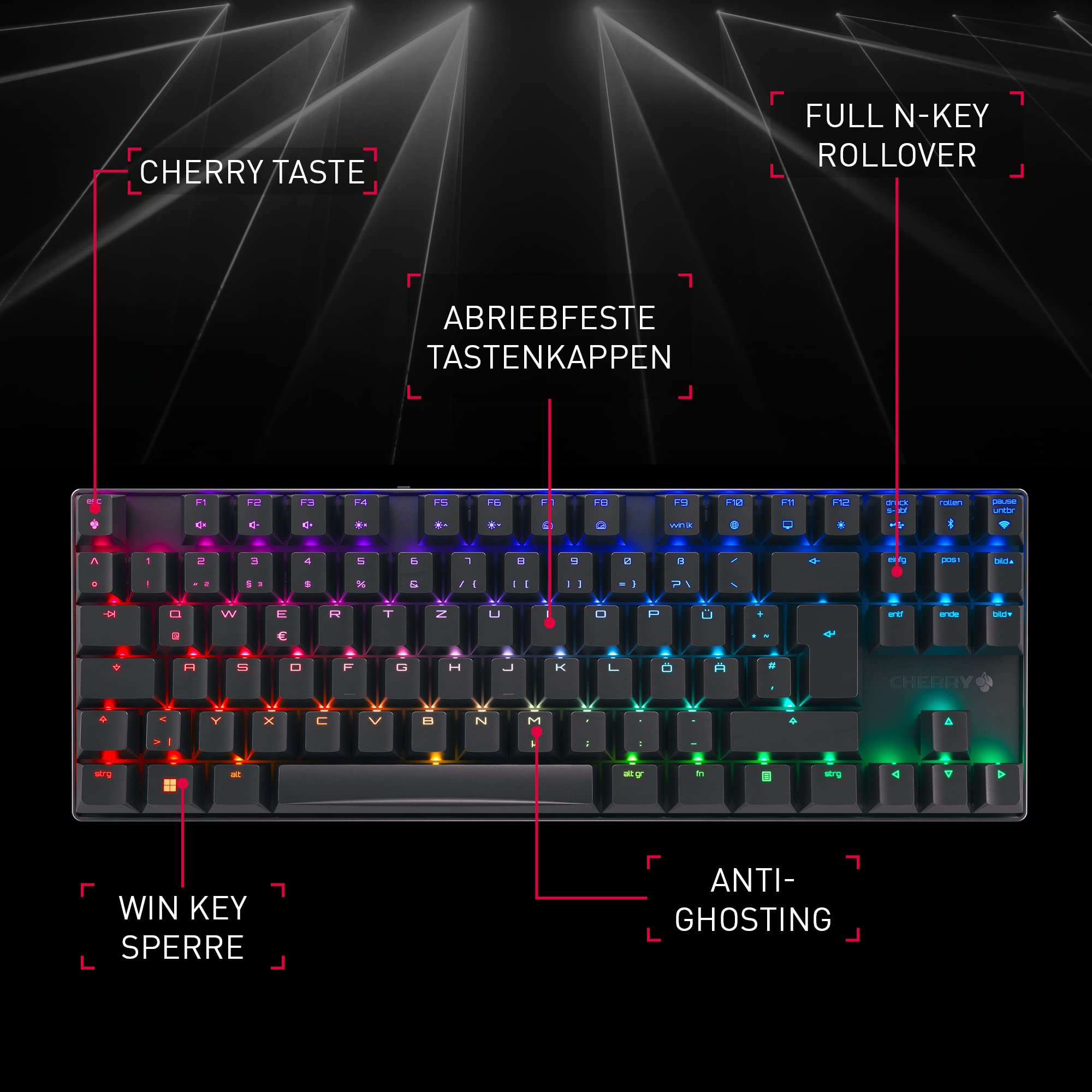 CHERRY MX 8.2 TKL Wireless, Kabellose Gaming-Tastatur ohne Nummernblock, Deutsches Layout (QWERTZ), Bluetooth, 2,4 GHz und Kabel, MX2A RED Switches, Weiß 2